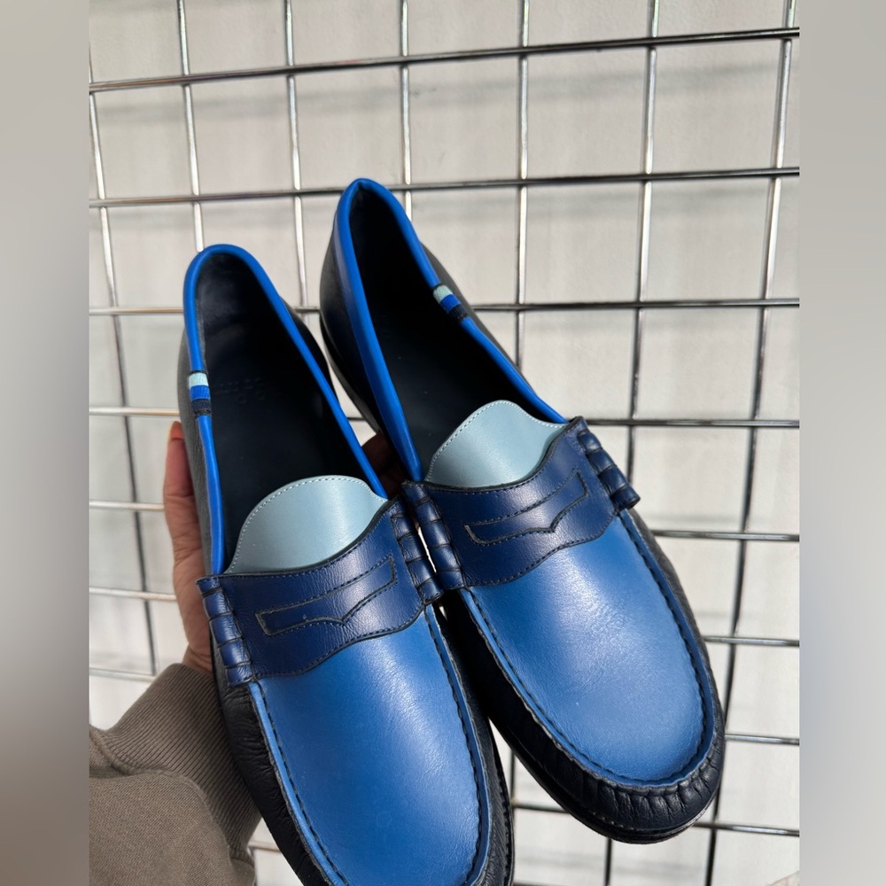Blu Scarpa La Tricolore Blue Calf Leather College Loafers Mens Size 13 Italy - Picture 10 of 14